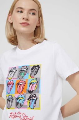 Bavlnené tričko Desigual x The Rolling Stones dámske, biela farba