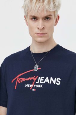 Bavlnené tričko Tommy Jeans pánsky, tmavomodrá farba, s potlačou