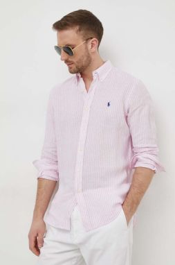 Ľanová košeľa Polo Ralph Lauren ružová farba, regular, s golierom button-down