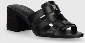 Kožené šľapky Tommy Hilfiger BLOCK MID HEEL LEATHER SANDAL dámske, čierna farba, na podpätku, FW0FW08049