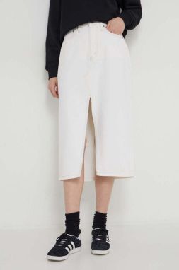 Rifľová sukňa Abercrombie & Fitch béžová farba, midi, rovný strih