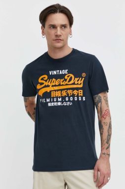 Bavlnené tričko Superdry pánsky, tmavomodrá farba, s potlačou