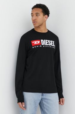 Bavlnené tričko s dlhým rukávom Diesel čierna farba, s nášivkou