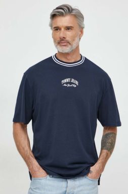 Bavlnené tričko Tommy Jeans pánsky, tmavomodrá farba, s nášivkou