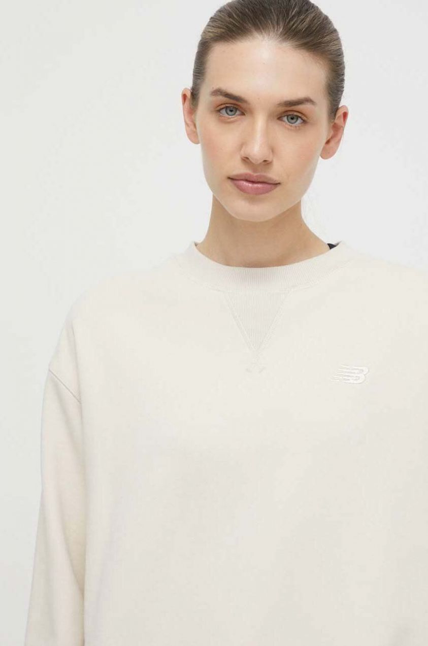 Bavlnená mikina New Balance dámska, béžová farba, jednofarebná