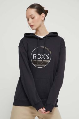 Mikina Roxy dámska, čierna farba, s kapucňou, s potlačou, ERJFT04815