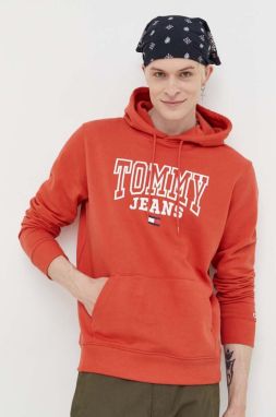 Bavlnená mikina Tommy Jeans pánska, oranžová farba, s kapucňou, s potlačou