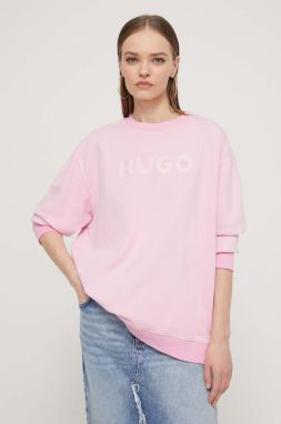Bavlnená mikina HUGO dámska, ružová farba, s nášivkou