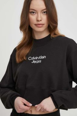 Bavlnená mikina Calvin Klein Jeans dámska, čierna farba, s potlačou