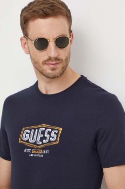 Bavlnené tričko Guess pánsky, tmavomodrá farba, s potlačou, M4RI33 J1314