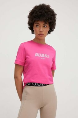 Bavlnené tričko Guess ELEANORA dámsky, ružová farba, V4RI10 K8HM4