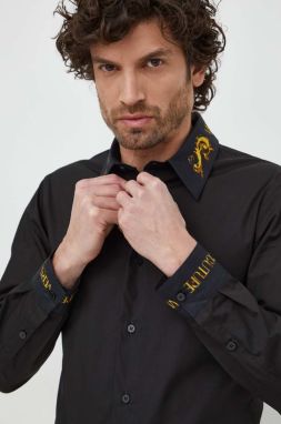 Bavlnená košeľa Versace Jeans Couture pánska, čierna farba, regular, s klasickým golierom, 76GAL2SW N0132