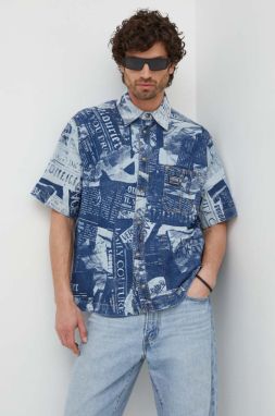 Košeľa Versace Jeans Couture pánska, tmavomodrá farba, voľný strih, s klasickým golierom, 76GAL21C DW074SS0