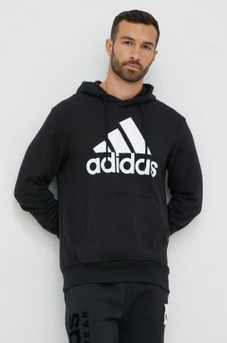 Bavlnená mikina adidas pánska, čierna farba, s kapucňou, s potlačou, IC9363