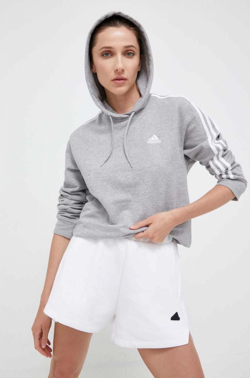 Bavlnená mikina adidas dámska, šedá farba, s kapucňou, melanžová, IC9910