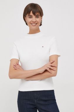Bavlnené tričko Tommy Hilfiger dámsky, biela farba, s polorolákom