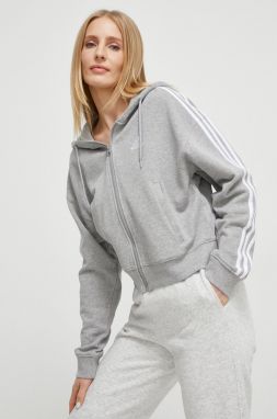 Bavlnená mikina adidas dámska, šedá farba, s kapucňou, melanžová, IK8386