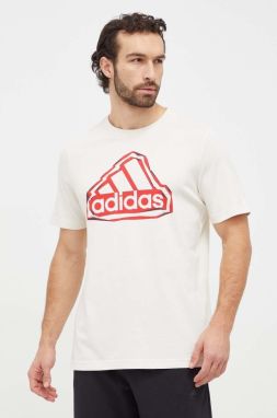 Bavlnené tričko adidas pánske, béžová farba, s potlačou, IS2882