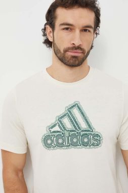 Bavlnené tričko adidas pánske, béžová farba, s potlačou, IS2873