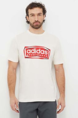 Bavlnené tričko adidas pánske, béžová farba, s potlačou, IS2880