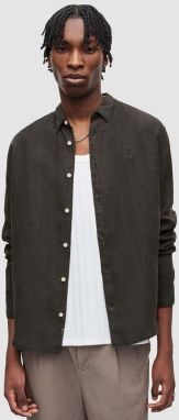 Ľanová košeľa AllSaints CYPRESS čierna farba, voľný strih, s klasickým golierom
