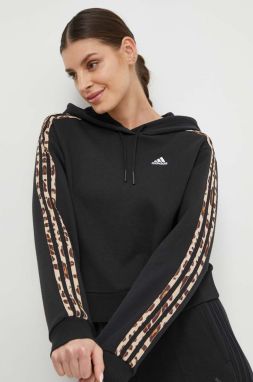 Bavlnená mikina adidas dámska, čierna farba, s kapucňou, s nášivkou,  IR9313