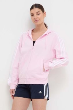 Bavlnená mikina adidas dámska, ružová farba, s kapucňou, vzorovaná, IR6132