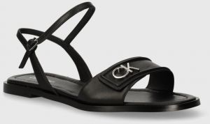 Kožené sandále Calvin Klein FLAT SANDAL RELOCK LTH dámske, čierna farba, HW0HW01942