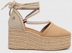 Espadrilky Tommy Hilfiger CLOSED TOE LINEN FLATFORM dámske, béžová farba, na kline, FW0FW07746