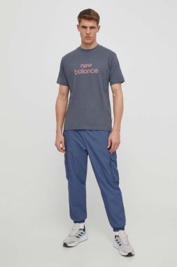 Bavlnené tričko New Balance pánske, šedá farba, s potlačou, MT41582GT