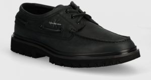 Kožené mokasíny Calvin Klein Jeans HYBRID BOAT SHOE SLIPON LH BTW pánske, čierna farba, YM0YM00937