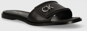 Kožené šľapky Calvin Klein FLAT SLIDE RELOCK LTH dámske, čierna farba, HW0HW01939