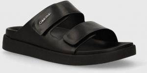 Kožené šľapky Calvin Klein FLAT ADJ SLIDE CALVIN MTL LTH dámske, čierna farba, HW0HW01954