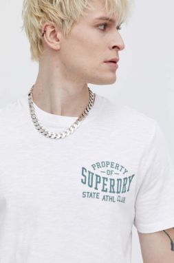 Bavlnené tričko Superdry pánsky, biela farba, s potlačou