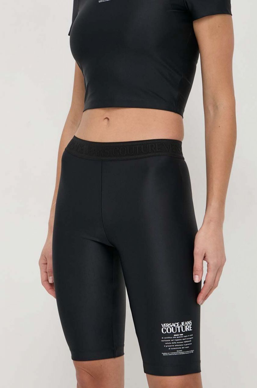 Šortky Versace Jeans Couture dámske, čierna farba, s potlačou, vysoký pás, 76HAC1A6 J0128