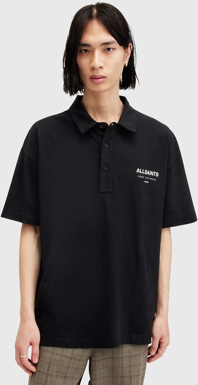 Bavlnené polo tričko AllSaints UNDERGROUND SS POLO čierna farba, s potlačou, M047PA