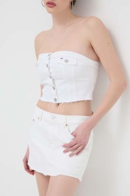 Rifľová sukňa Tommy Jeans biela farba, mini, puzdrová