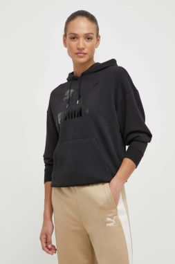 Mikina Puma CLASSICS Shiny Logo Hoodie dámska,čierna farba,s kapucňou,s potlačou,625595