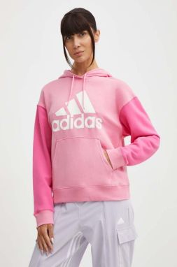 Bavlnená mikina adidas dámska, ružová farba, s kapucňou, s potlačou, IR5450