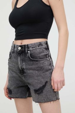 Rifľové krátke nohavice Tommy Jeans dámske, šedá farba, jednofarebné, vysoký pás, DW0DW17652