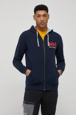 Bavlnená mikina Helly Hansen pánska, tmavomodrá farba, s kapucňou, s potlačou, 34163