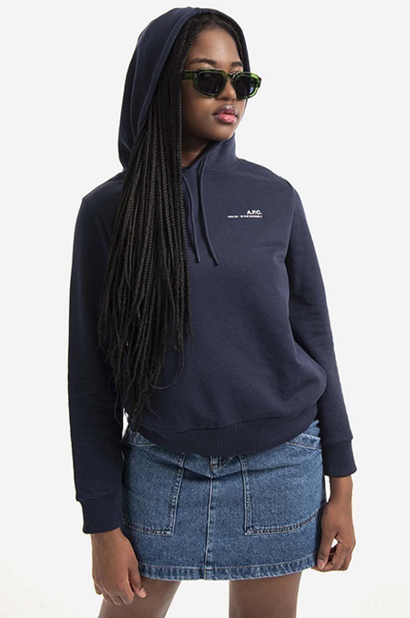 Bavlnená mikina A.P.C. Hoodie Item F COEAS-F27674 BLACK dámska, tmavomodrá farba, s kapucňou, jednofarebná