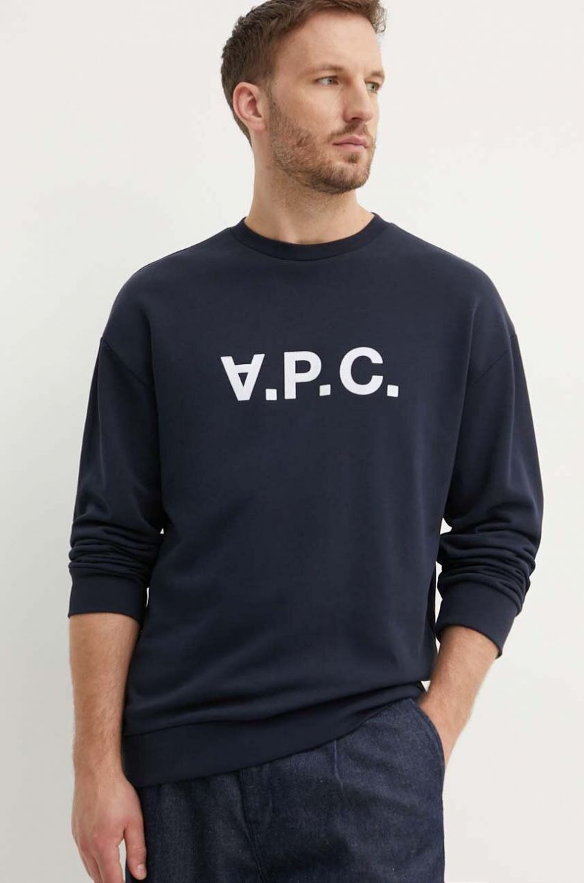 Bavlnená mikina A.P.C. pánska, tmavomodrá farba, s nášivkou