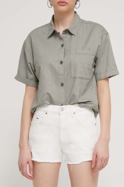 Rifľové krátke nohavice Tommy Jeans dámske,béžová farba,jednofarebné,vysoký pás,DW0DW17643