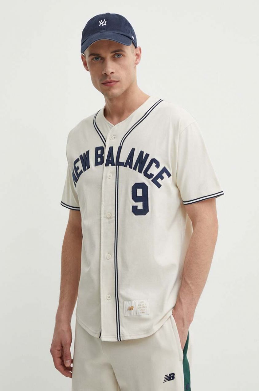Bavlnená košeľa New Balance béžová farba, voľný strih, MT41512LIN