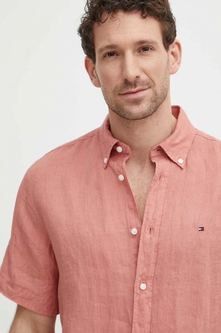 Ľanová košeľa Tommy Hilfiger ružová farba, regular, s golierom button-down, MW0MW35207