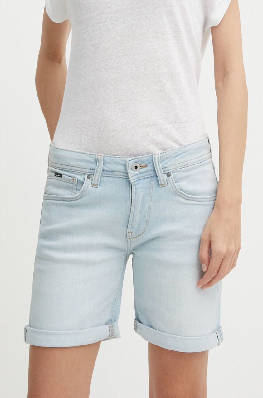 Rifľové krátke nohavice Pepe Jeans SLIM SHORT MW dámske, jednofarebné, stredne vysoký pás, PL801120RH6