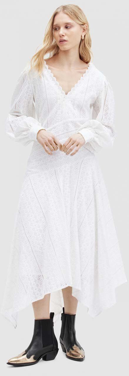 Bavlnené šaty AllSaints AVIANA BRODERIE DRES biela farba, maxi, áčkový strih, WD579Z