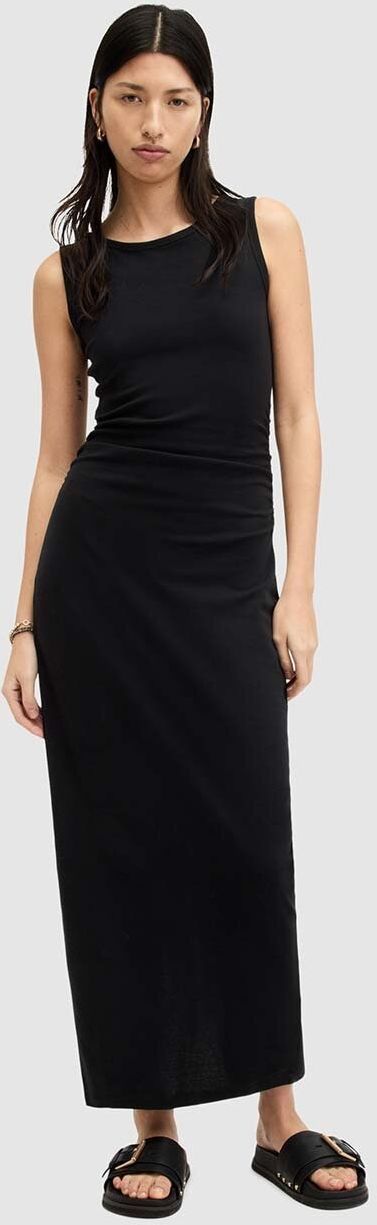Bavlnené šaty AllSaints KATARINA DRESS čierna farba, maxi, priliehavá, W009DA