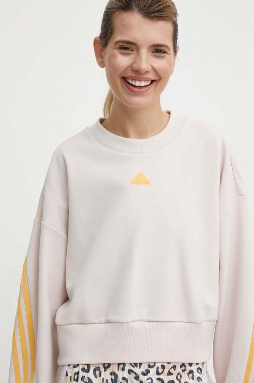 Mikina adidas dámska, béžová farba, s nášivkou, IS3882